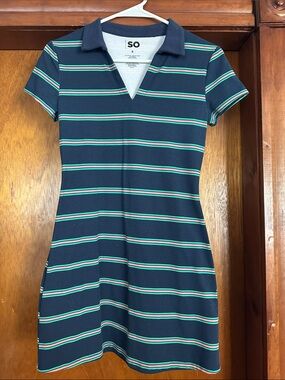 SO Navy Striped Polo Mini Dress with Green & White Bands